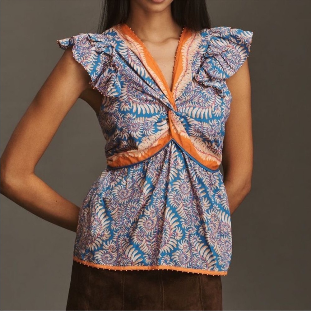 NWT Farm Rio Flutter-Sleeve V-Neck Top beaded with tropical‎ print large